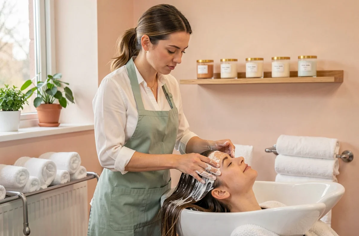 Coiffeuse appliquant un soin capillaire sur une cliente dans le salon Sublim'ez Vous à Veauche