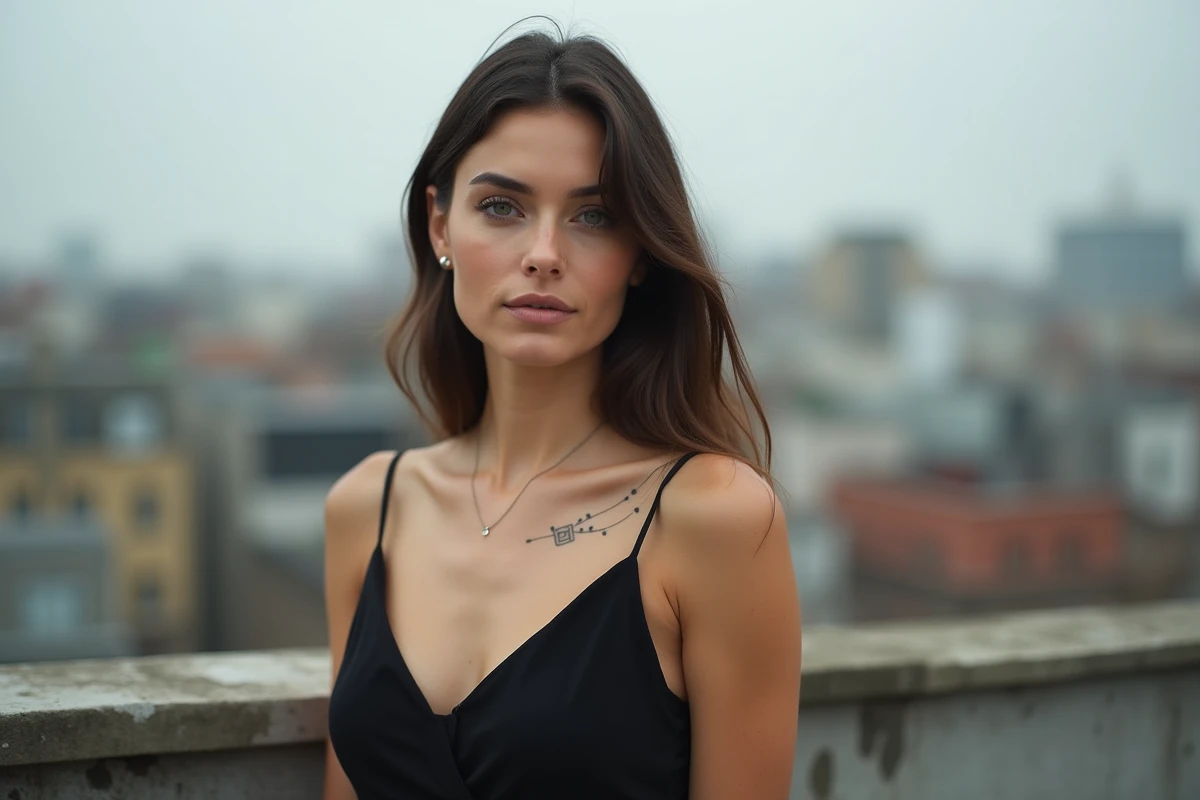 Tatouage minimaliste trait fin sur la clavicule d'une femme en robe noire sans manches, ambiance urbaine sur rooftop, style chic et éditorial