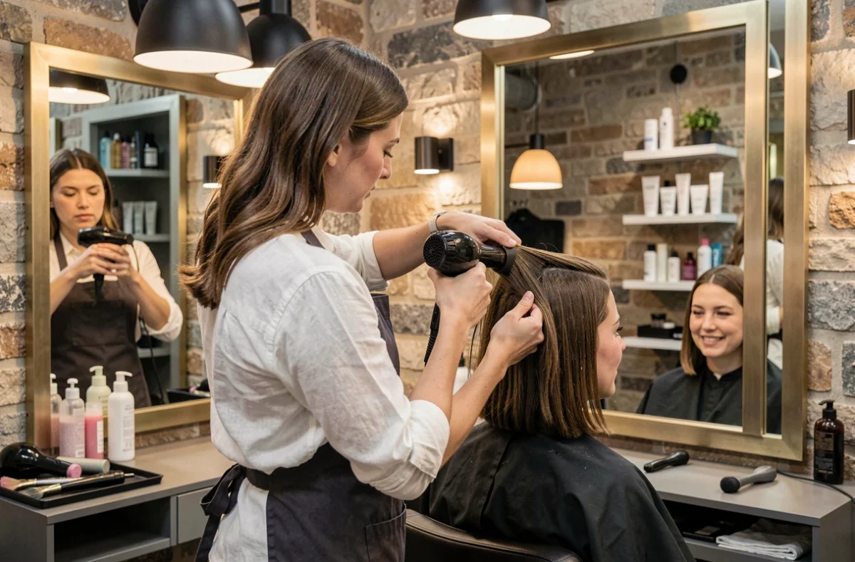 Coiffeuse réalisant un brushing dans un salon de coiffure à Saint-Paul-en-Jarez