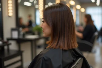 Femme aux cheveux mi-longs avec une coupe dégradée fraîchement réalisée dans un salon de coiffure professionnel