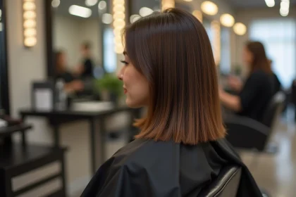 Femme aux cheveux mi-longs avec une coupe dégradée fraîchement réalisée dans un salon de coiffure professionnel