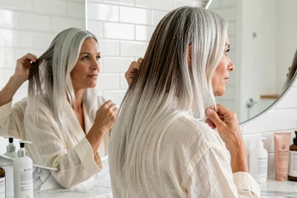 Femme de 45 ans laissant pousser ses cheveux blancs naturellement, observant sa transition capillaire devant un miroir de salle de bain