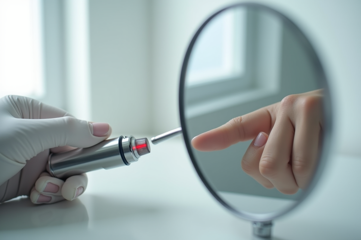 Mains tenant un miroir reflet peau lisse et laser précis